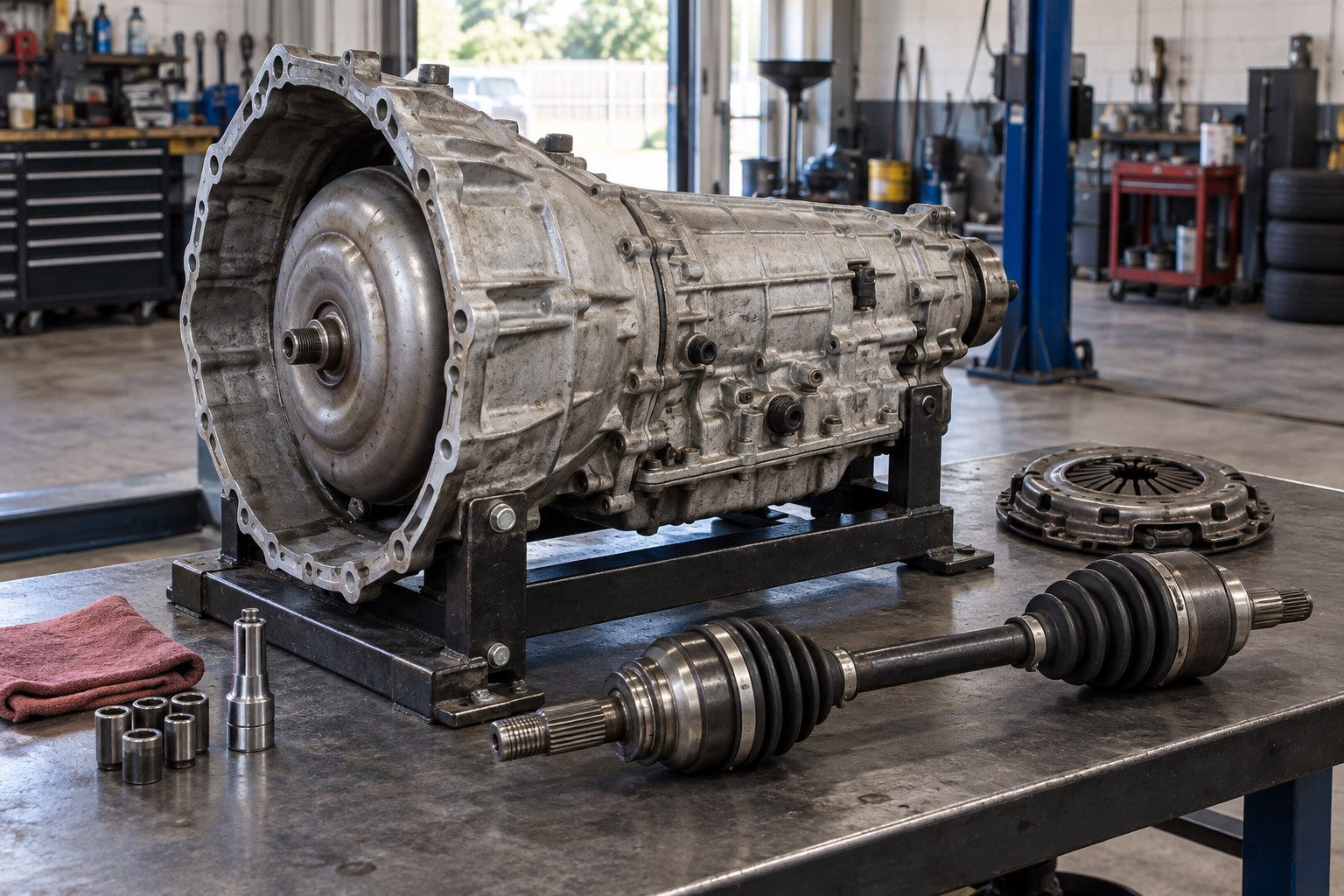 Automatic transmission and drivetrain components in a repair workshop