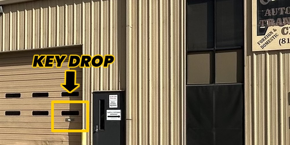 After-hours key drop on the west bay door at Grapevine Automatic, Inc.